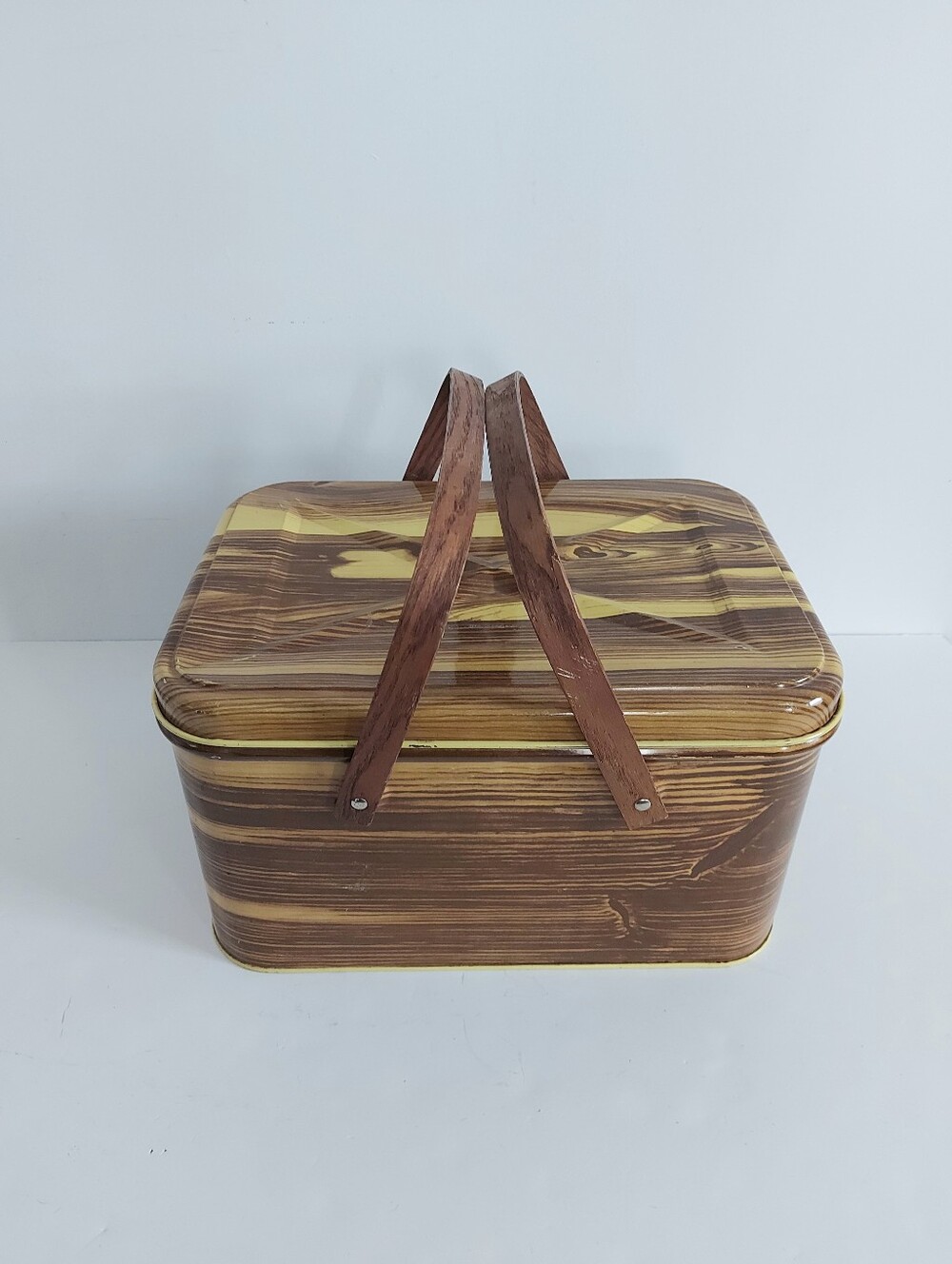 Vintage Metal Picnic Basket Retro Bentwood Handles Faux Bois Grain